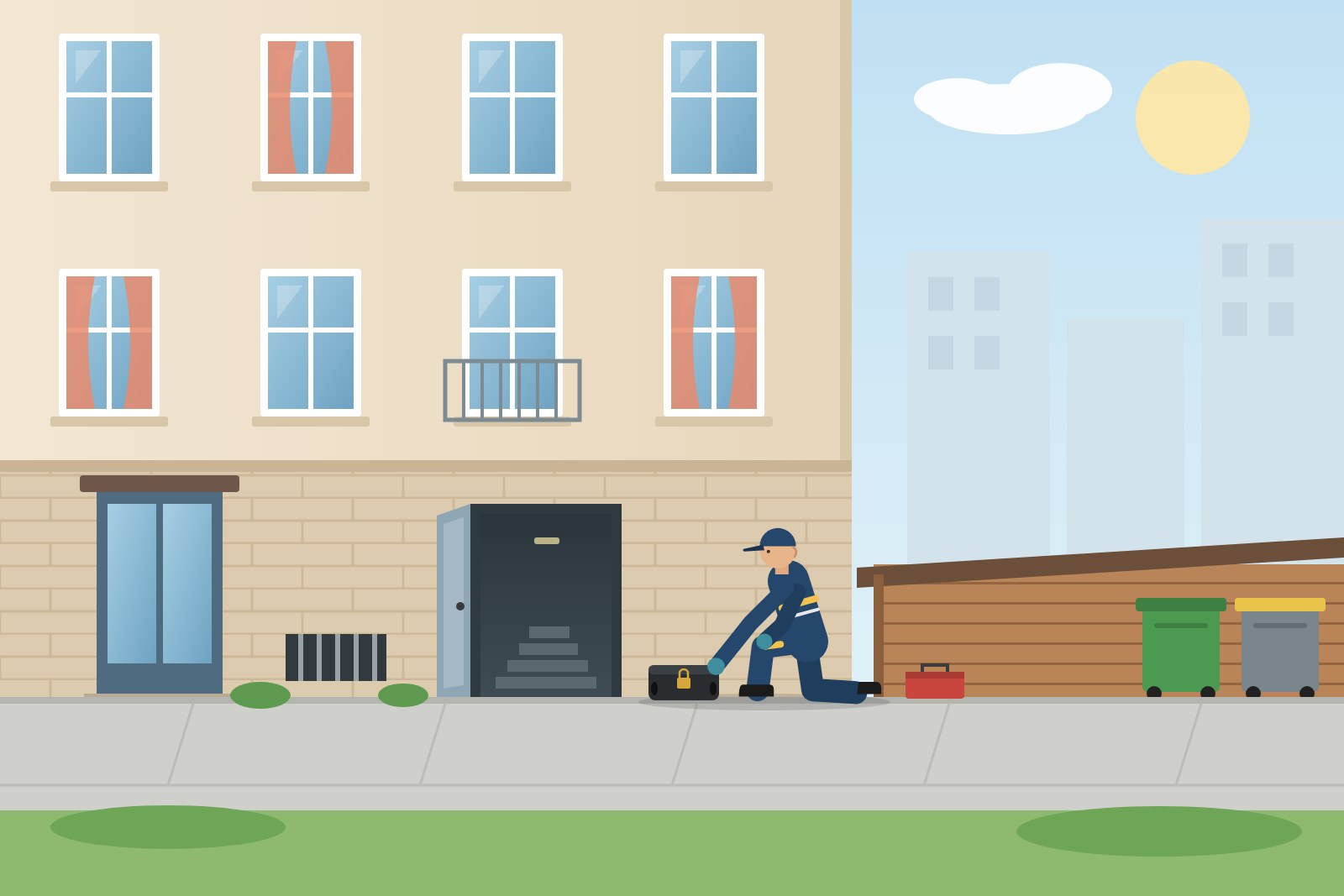 Illustration d'un technicien posant une boîte d'appâtage sécurisée près de l'accès aux caves et de l'abri à poubelles d'un immeuble résidentiel
