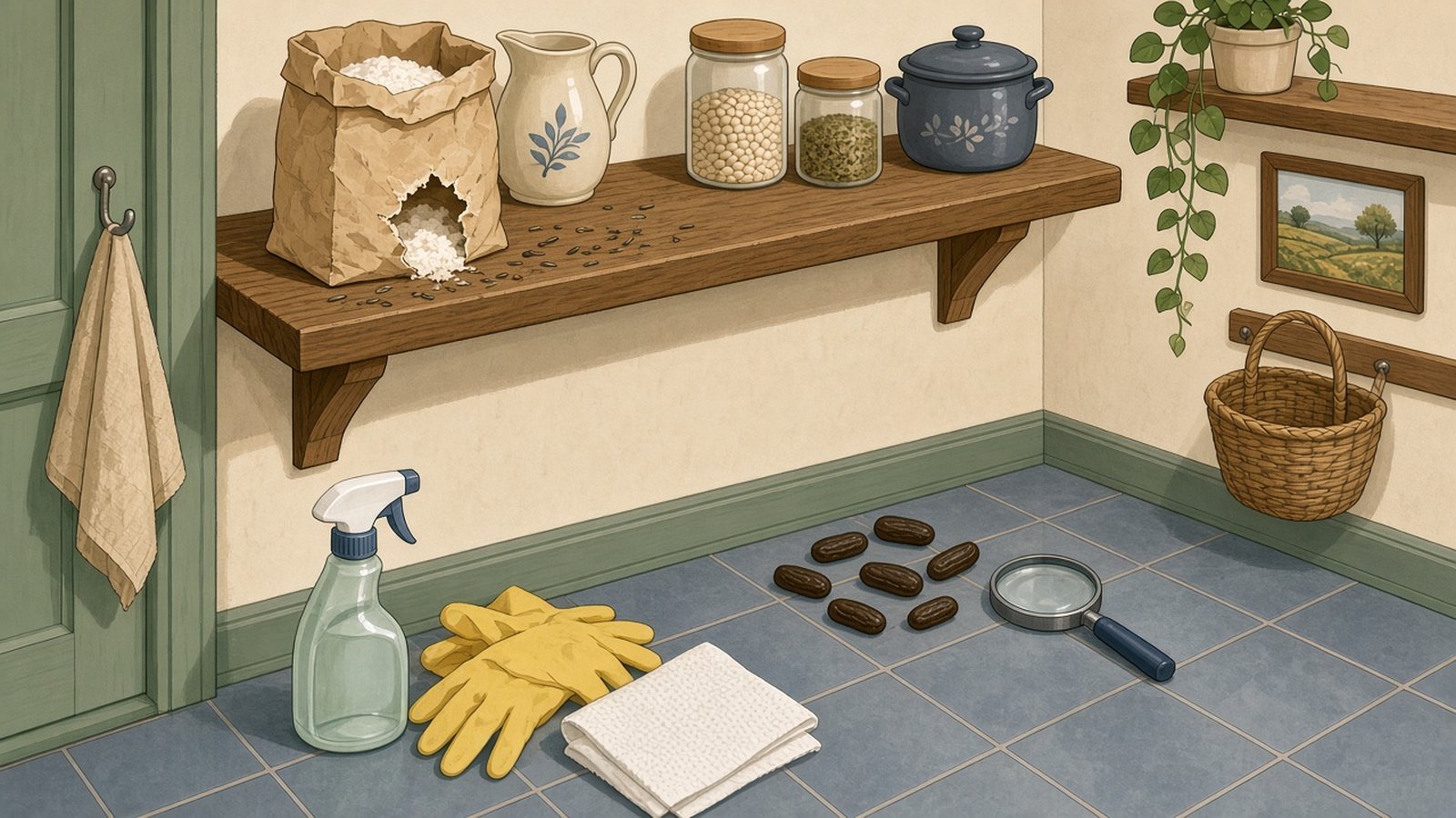 Illustration d'un garde-manger avec petites crottes de souris près d'un sac de farine rongé, crottes de rat plus grosses au sol, gants jaunes, spray et essuie-tout