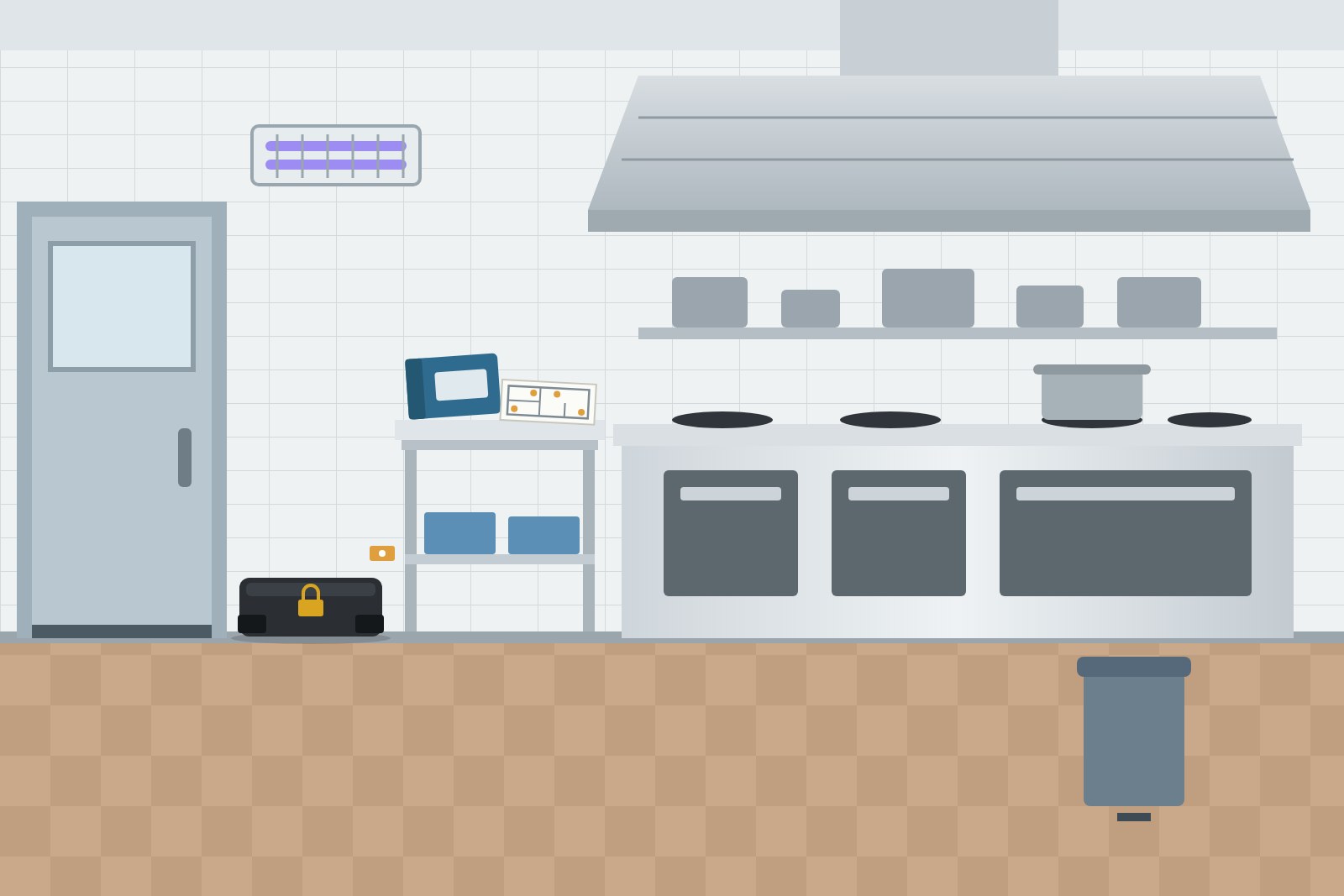 Illustration d'une cuisine professionnelle propre avec un poste d'appâtage sécurisé le long du mur près de la porte, un classeur et un plan des locaux sur la table