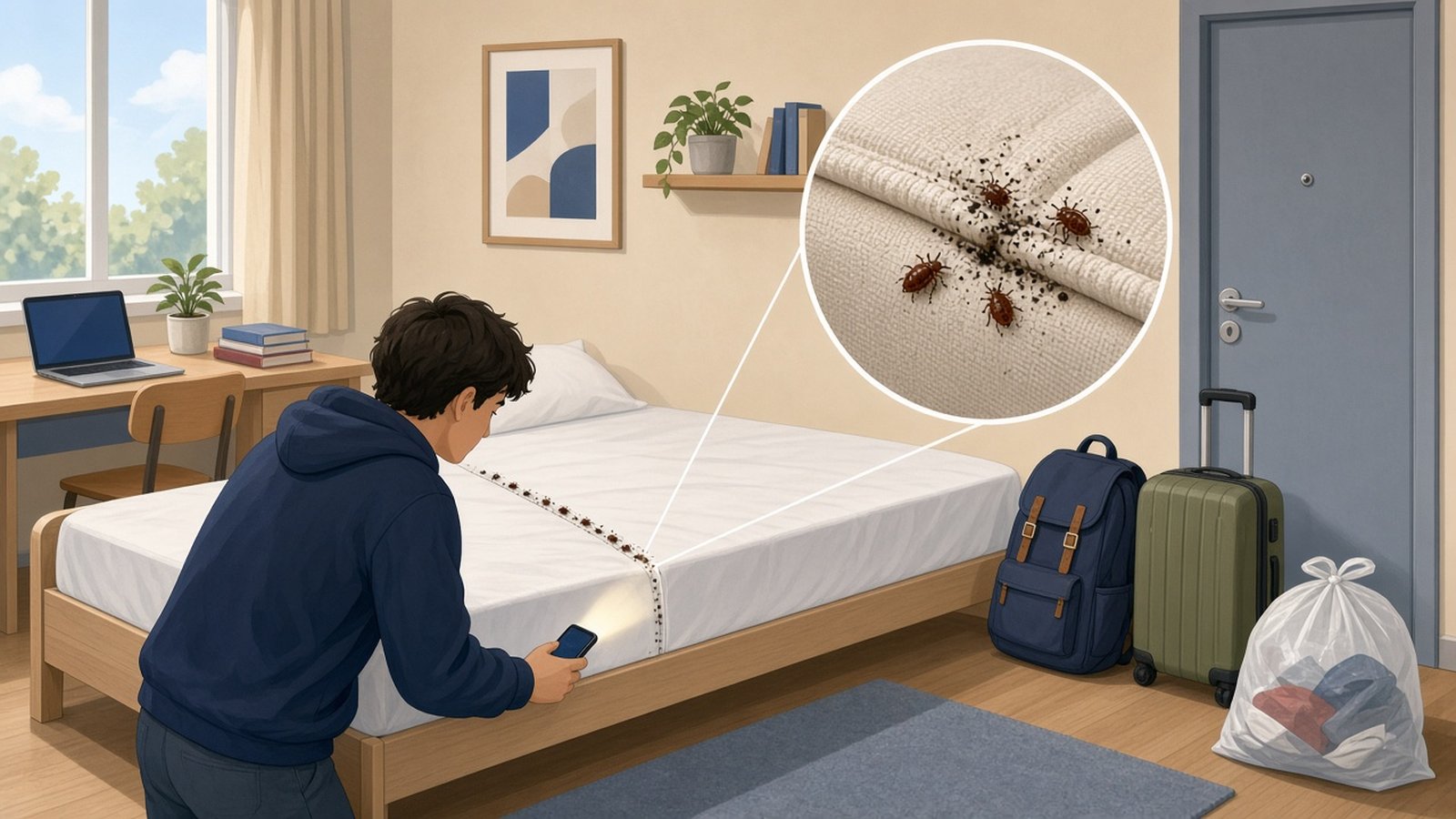 Chambre d'étudiant : un étudiant inspecte à la lampe du téléphone la couture d'un matelas, encart loupe avec punaises et points noirs, sac, valise et sac plastique de linge fermé