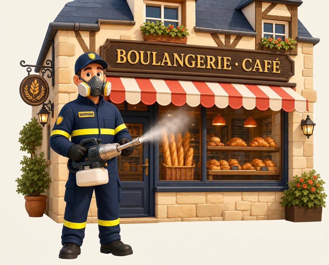 Norman, technicien anti-nuisibles, devant une boulangerie normande